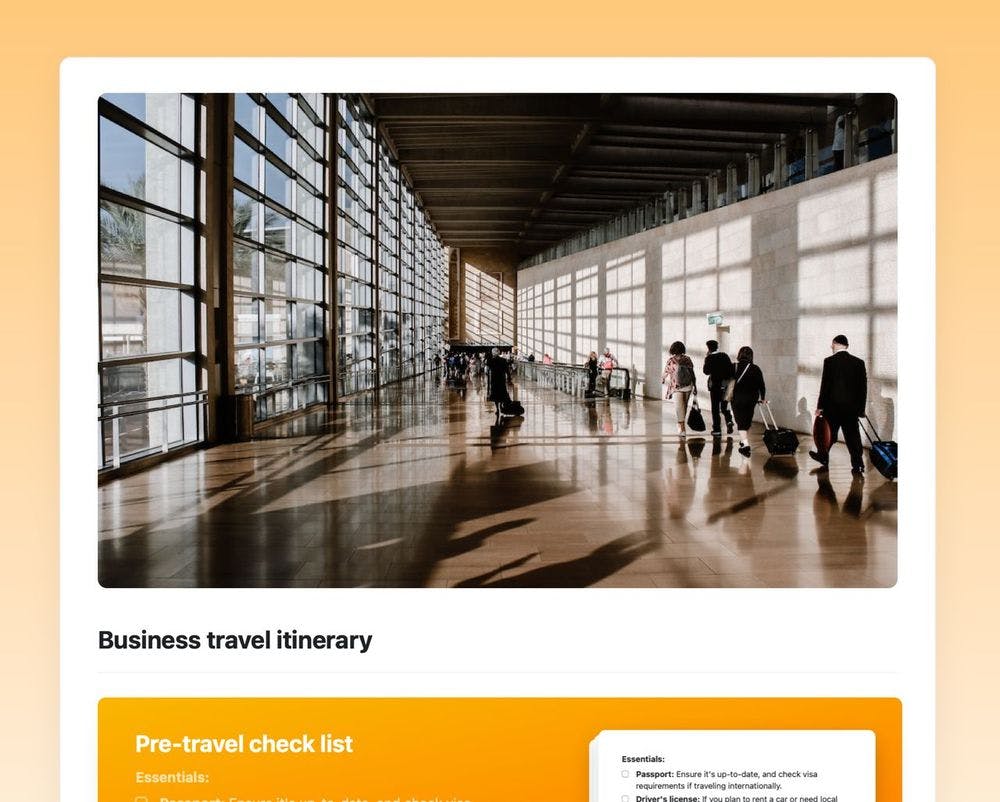 Business travel itinerary template in Craft showing a pre-travel checklist.