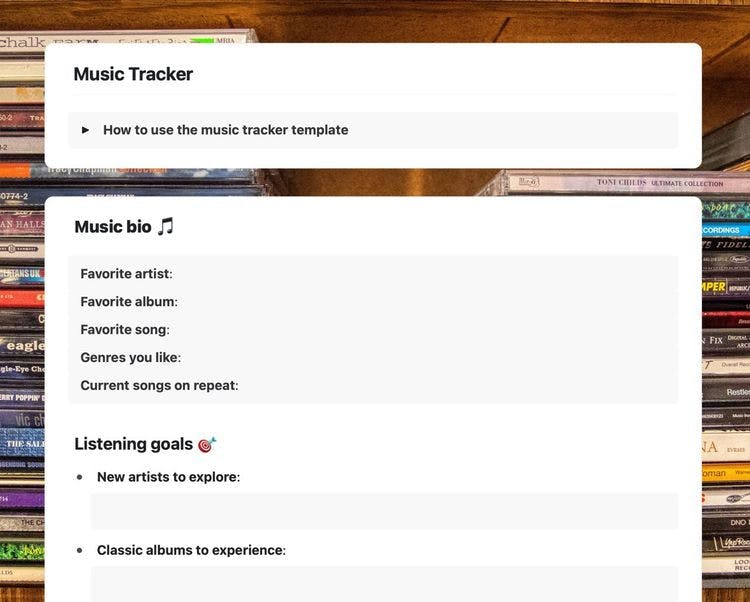 Music tracker template in Craft showing instructions and the music section.