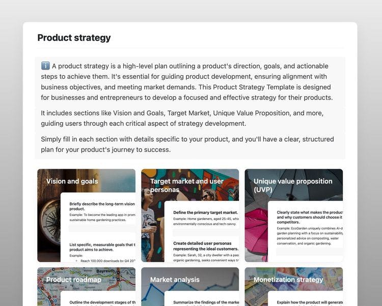 Craft Free Template: Product strategy template in Craft showing instructions.