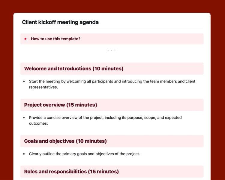 Craft Free Template: Client kickoff meeting agenda in Craft.