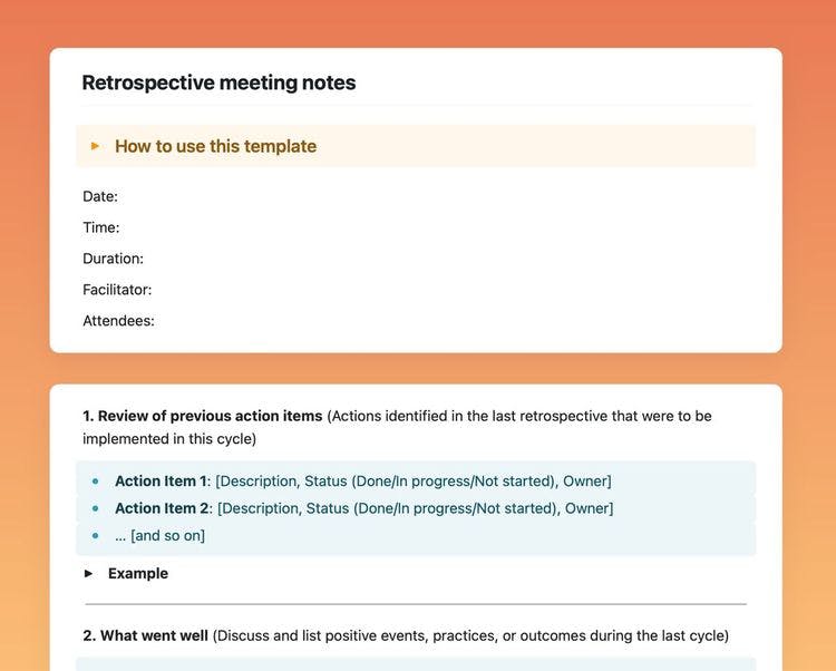 Craft Free Template: Retrospective meeting notes in Craft showing information, review of previous action items, and what went well sections.