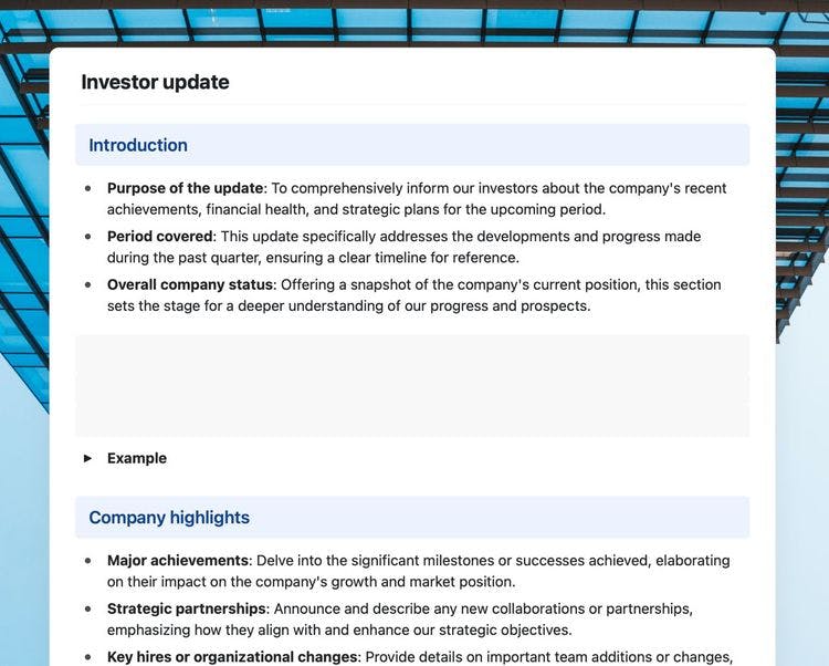 Investor update template in Craft showing an introduction and a company highlights section.