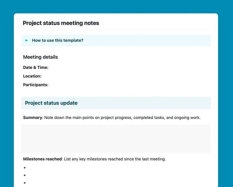 Project status meeting notes template in Craft.