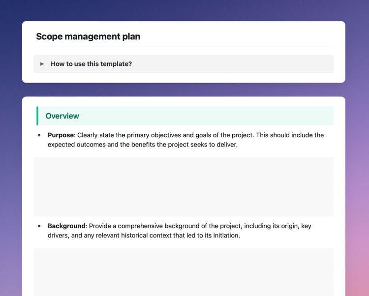 Craft Free Template: Scope management plan template in Craft showing instructions and an overview.