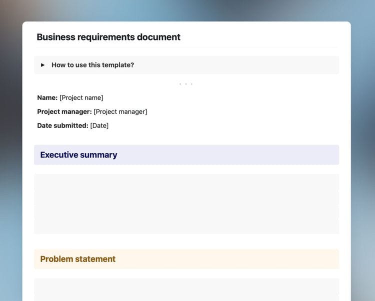 Business requirements document in Craft showing instructions and the executive summary and problem statement sections.