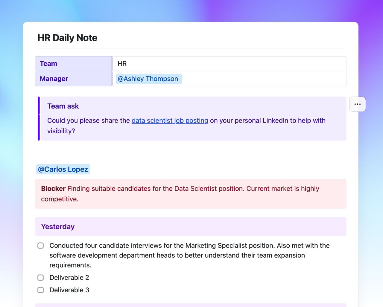 HR daily note | Free Template | Craft