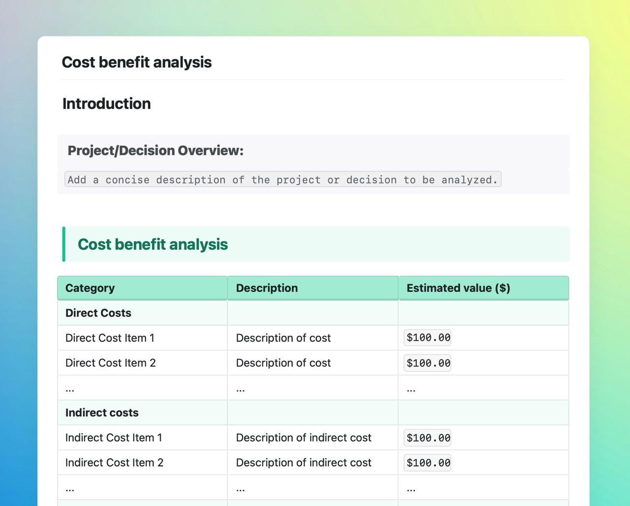 Craft Free Template: Cost benefit analysis